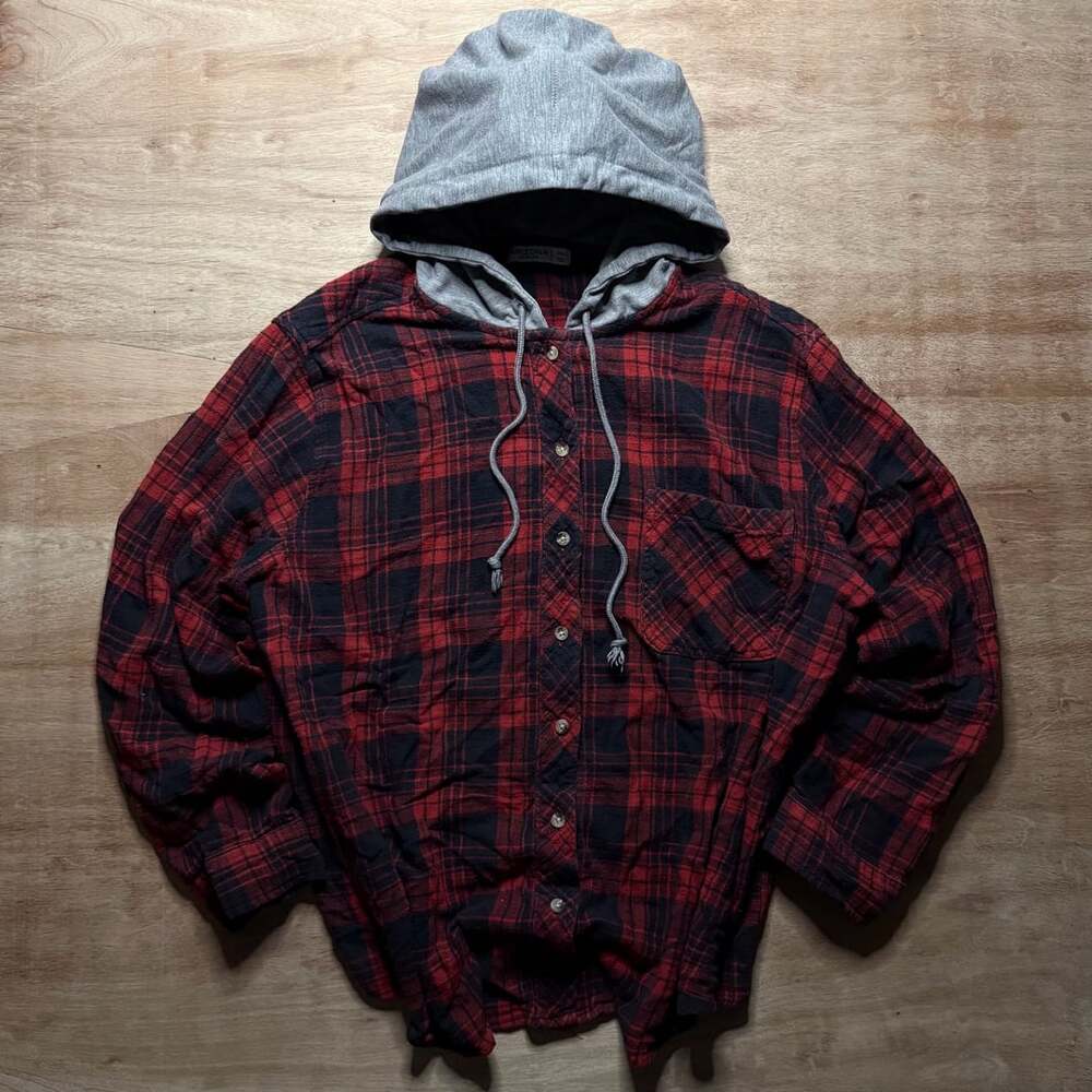 Arizona Jean Co XXL Hooded Plaid Flannel Shirt Grunge Workwear Streetwear